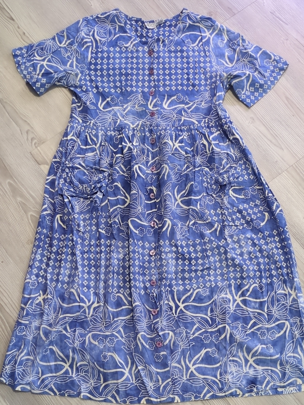 Vintage Phases Blue Floral Button Front Dress 100% Cotton Women's Large Cottagec
